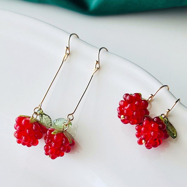 cute fruit earrings with green leaf, red raspberries dangle earrings, glass raspberry earrings, red berry ear hooks