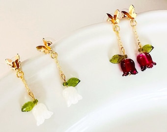 Tulip drop earrings, flower earrings with leaves and butterfly