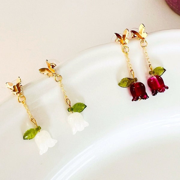 Tulip drop earrings, flower earrings with leaves and butterfly