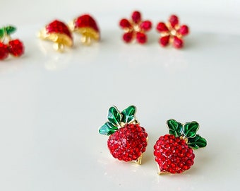 1 Pair of Cute Small Red Zircon Cherry, Mushroom, Beetroot, Flower, Apple, Strawberry Stud Earrings