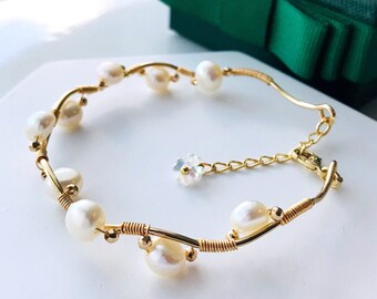 Wire wrapped pearl bracelet, gold plated baroque pearl bangle