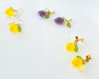 colorful fruit earrings with flower and leaf, sweet lemon dangling earrings, grape dangle earrings