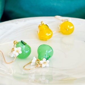 cute fruit earrings with green leaf and white flowers, yellow pear dangle earrings, glass pear, green pear ear hooks, Czech glass beads