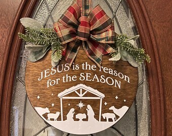Christmas Wreath | Christmas Wooden Door Hanger | Jesus Is The Reason For The Season | Christmas Gifts | Front Door Decor