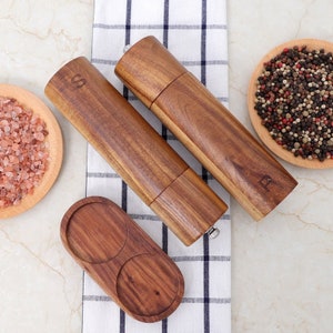 Eco Friendly Wooden Salt and Pepper Shakers Grinder Set and Matching Wood Tray-Tall 8 Inch made of wood, Spice grinder