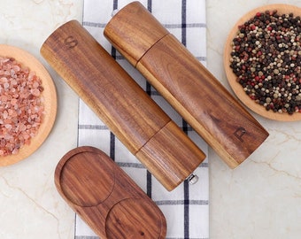 Eco Friendly Wooden Salt and Pepper Shakers Grinder Set and Matching Wood Tray-Tall 8 Inch made of wood, Spice grinder