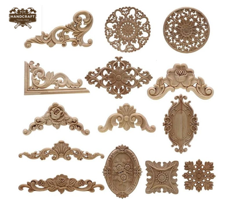 Corner Wood Applique with Carved Figurines, Unpainted for Customizable Home Decor, Perfect Housewarming Gift for DIY Enthusiasts