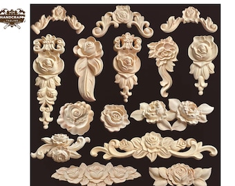 MAOY11 Moulures européennes sculptées, appliques roses, Stickers pour meubles en bois, Décoration d'intérieur ancienne, Décoration de meubles en bois, Artisanat de fleurs en bois