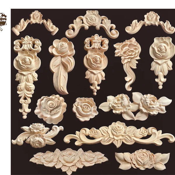 MAOY11 Moulures européennes sculptées, appliques roses, Stickers pour meubles en bois, Décoration d'intérieur ancienne, Décoration de meubles en bois, Artisanat de fleurs en bois