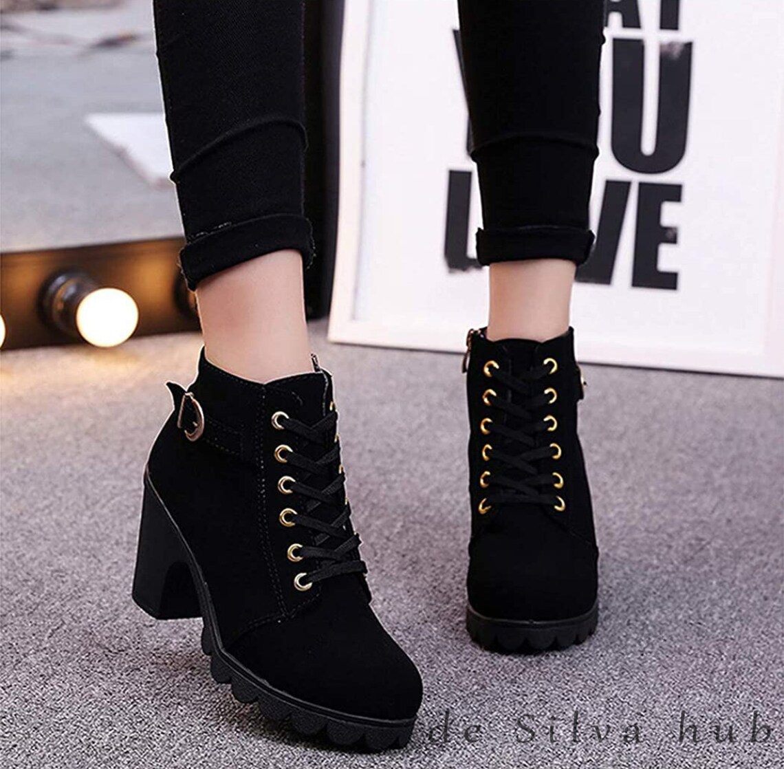 New Black Women's Short LaceUp Boots with Side Zipper for Etsy