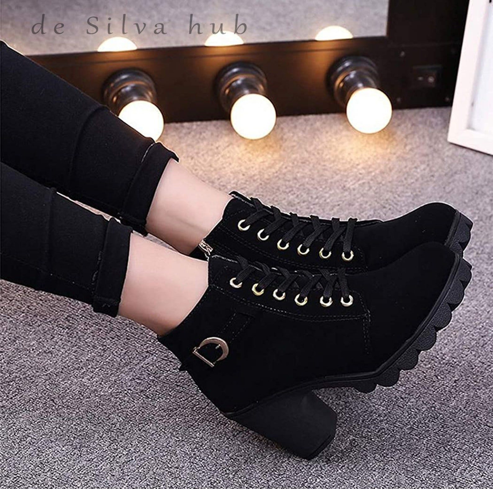 New Black Women's Short LaceUp Boots with Side Zipper for Etsy