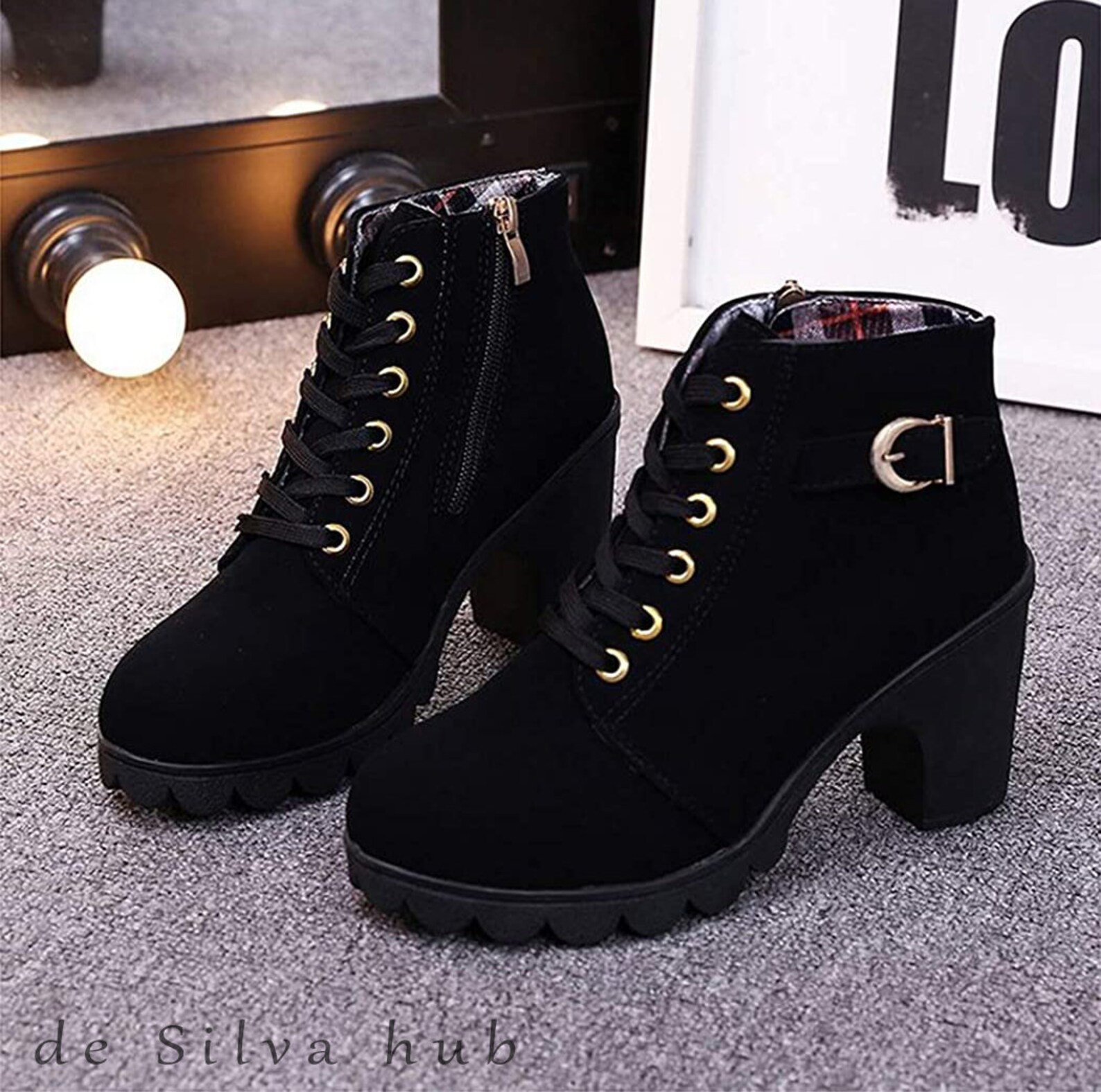 New Black Women's Short LaceUp Boots with Side Zipper for Etsy