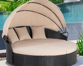 2021 Round Daybed with Retractable Canopy- Outdoor Lawn Sectional Round Sofa Unique Patio Furniture Wicker Rattan Sectional