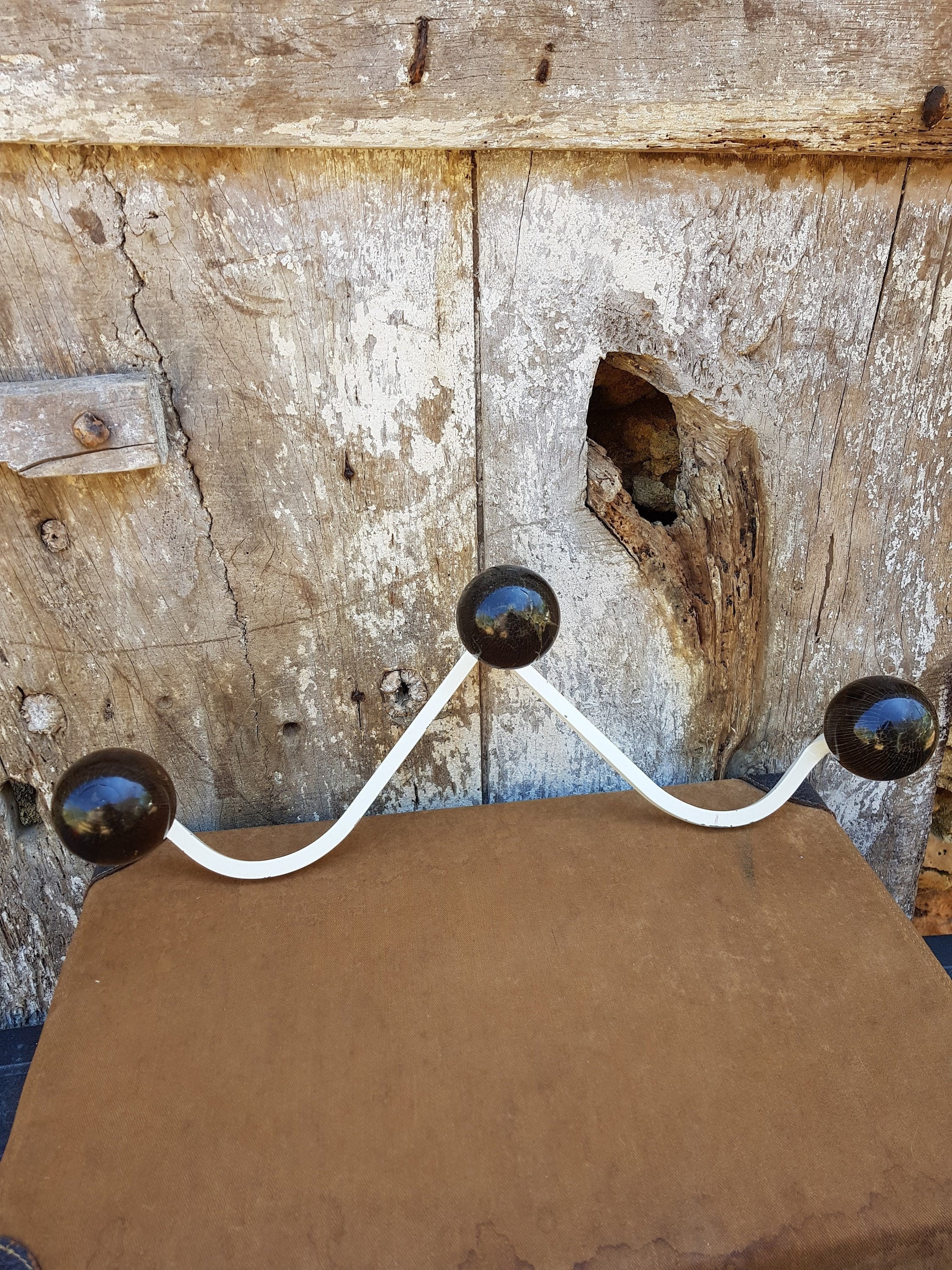 Vintage Metal & Wood Set Of Three Coat Hooks, French Mid Century Rack, Atomic Porte Manteau Vintage