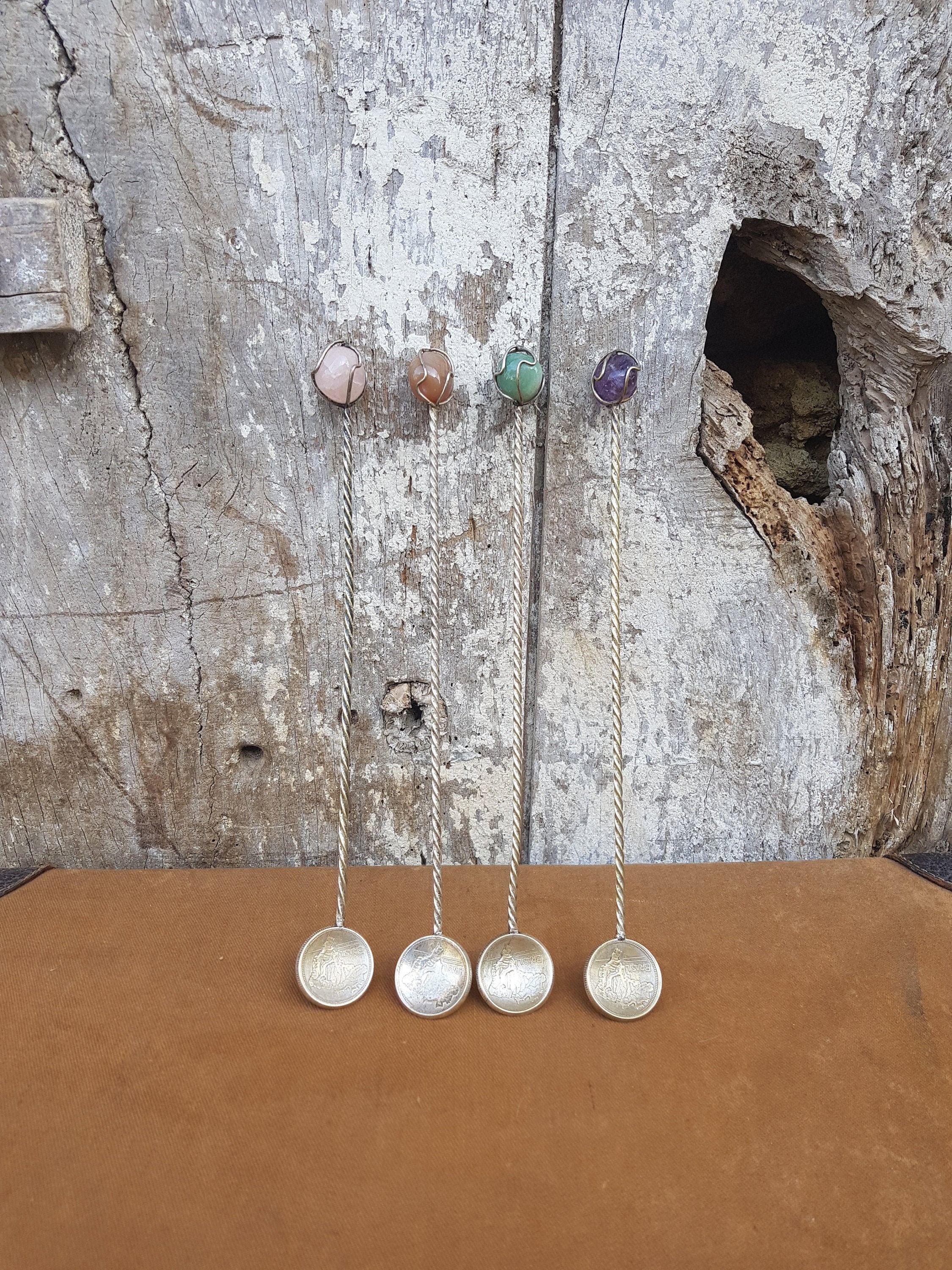 Cuillères Cérémonielles, Années 40, Vintage Agate Brazilian Coin Ritual Spoons, Semi Precious Stones