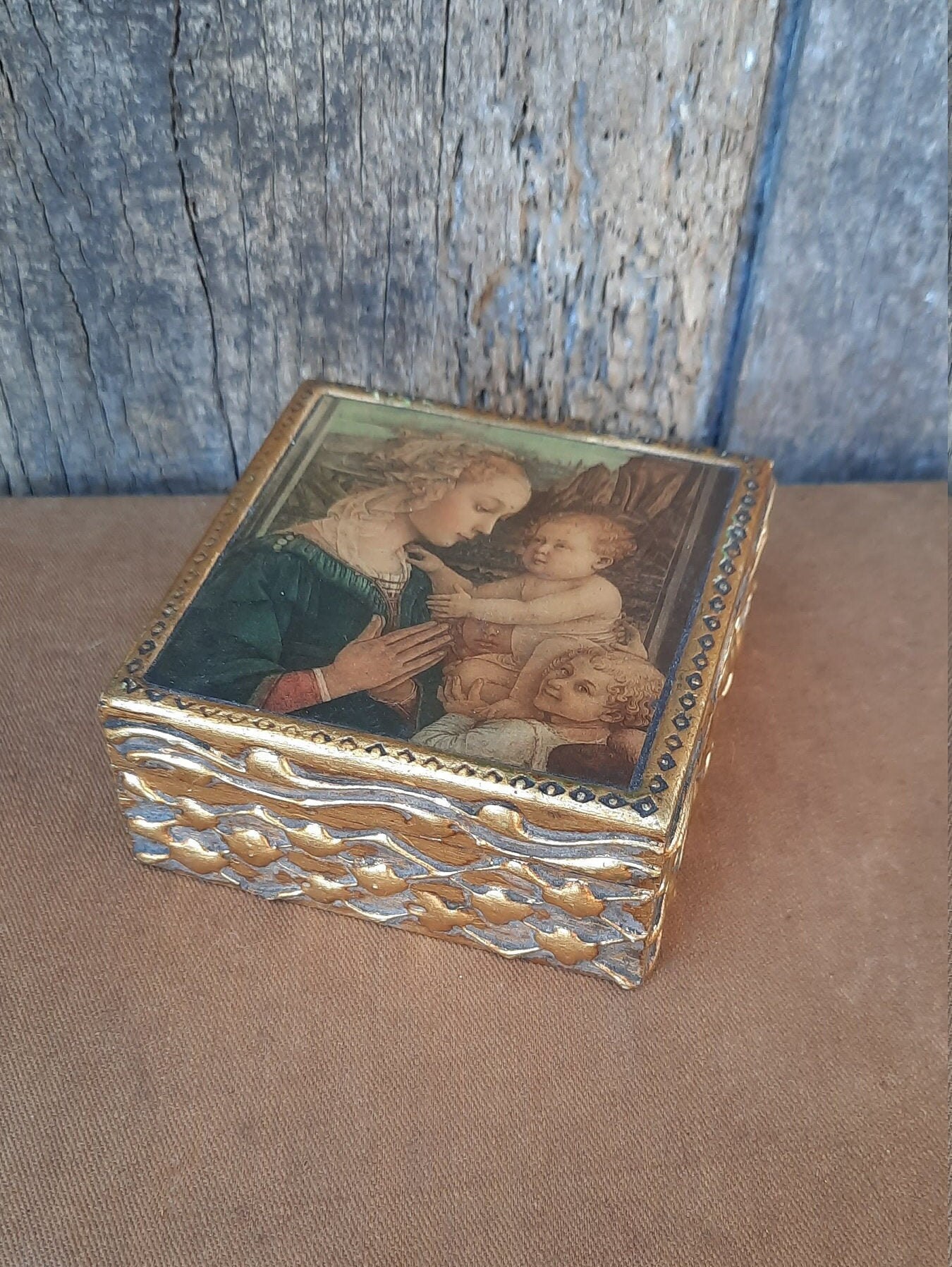 Ancienne Boite en Bois, Marchal, Paris, Dorée, Image de La Madonne et Les Anges Par Filippo Lippi, O