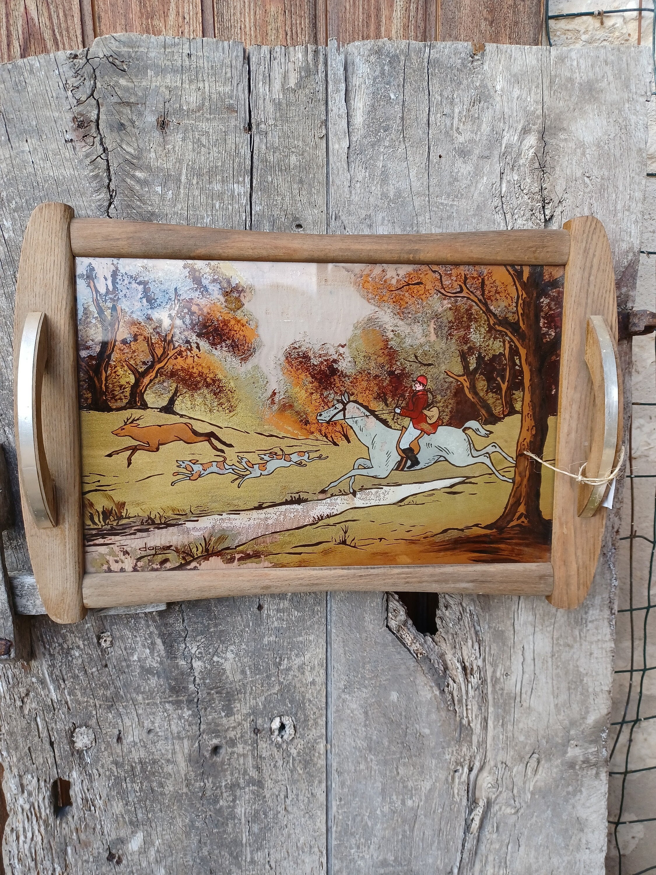 Plateau Décoratif Des Années 30, Chasse à Cheval, Scène Imprimée L'envers, Déco Campagne Ancienne