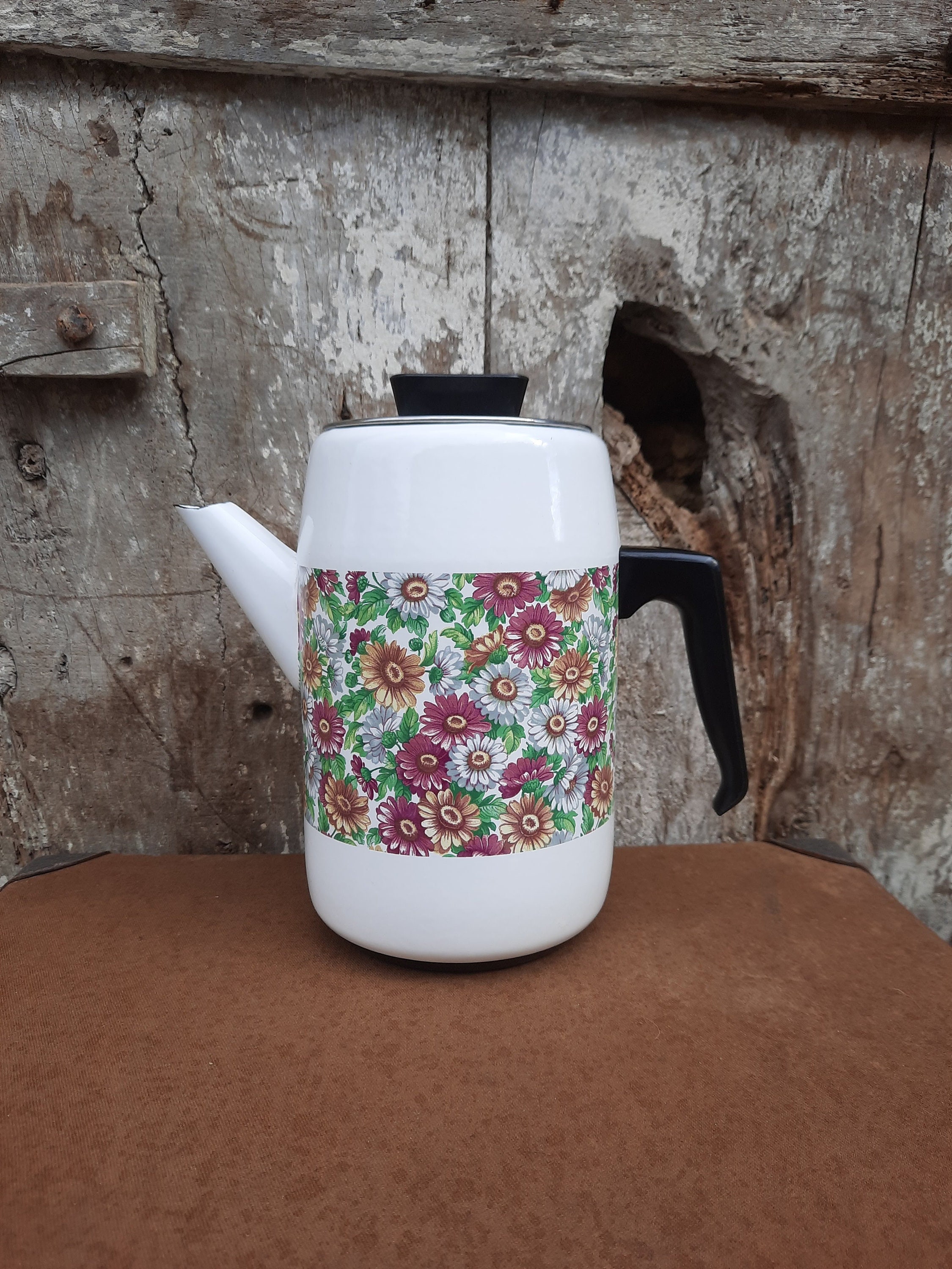 Vintage French Floral 1960S Enamel Filter Coffee Pot, Ancien Pot à Café en Émail Filtre, Floral, Fra