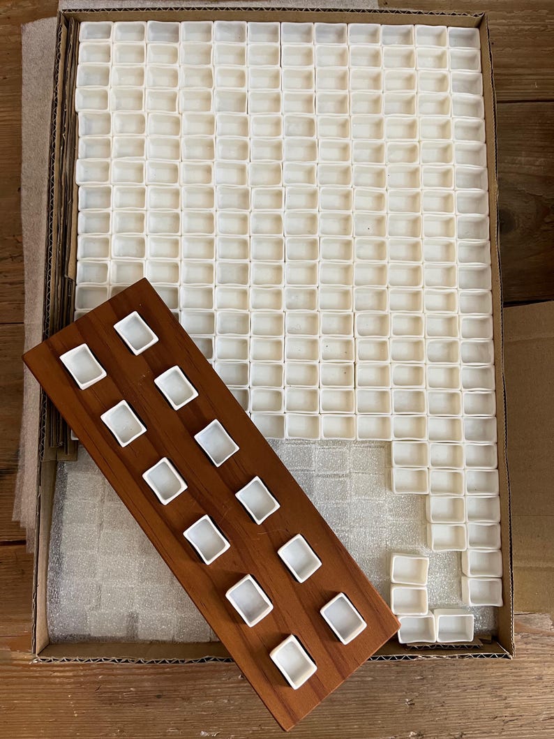 May include: A wooden palette with white watercolor paint wells, alongside a large tray filled with similar empty wells. The palette is angled, showcasing the individual paint compartments. The setup is inside a cardboard box.