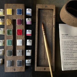12 Lapis Genuine stones. Honey watercolor set, Ash wood palette, Essee