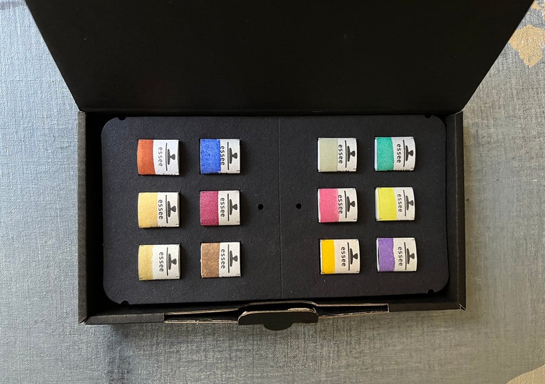 Puede incluir: Una caja negra con un inserto de espuma que contiene 12 peque&ntilde;as bandejas de pintura. Las bandejas est&aacute;n dispuestas en dos filas de seis. Las bandejas est&aacute;n etiquetadas con "essee" y tienen un peque&ntilde;o icono de un pincel. Las bandejas est&aacute;n llenas de diferentes colores de pintura, incluyendo naranja, azul, verde, amarillo, rosa y morado.