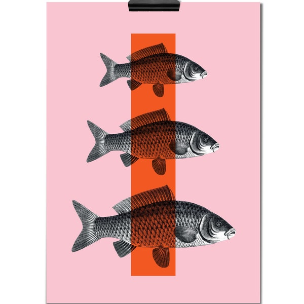 3 Fische, Vintage Druck, Poster, DIN A4, A3, Kunstdruck, Collage, Illustration, Grafik, Design, dekorative Wanddeko, antik