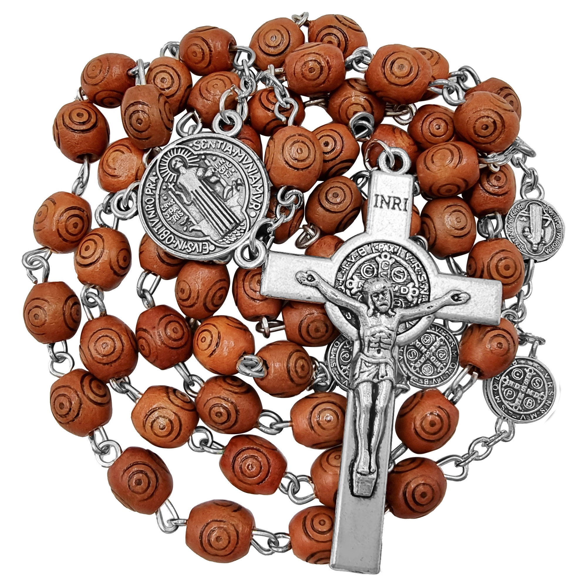 Collier De Chapelet En Bois, Collier De Croix De Médailles De St. Benoît, Chapelets Catholiques Faits à La Main, Cadeau Catholique - Achat / Vente Chaine De Cou Seule Collier De Chapelet