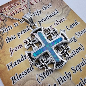 Blue Opal JERUSALEM CROSS Necklace 925 Sterling Silver Crusaders Pendant with Certificate Religious Catholic Jewelry Gift Silver Chain image 6