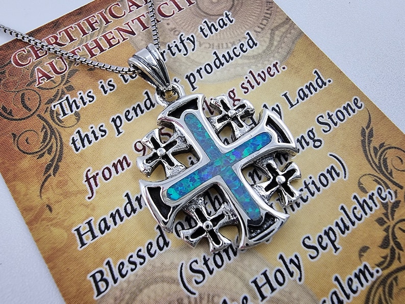 Blue Opal JERUSALEM CROSS Necklace 925 Sterling Silver Crusaders Pendant with Certificate Religious Catholic Jewelry Gift Silver Chain image 6