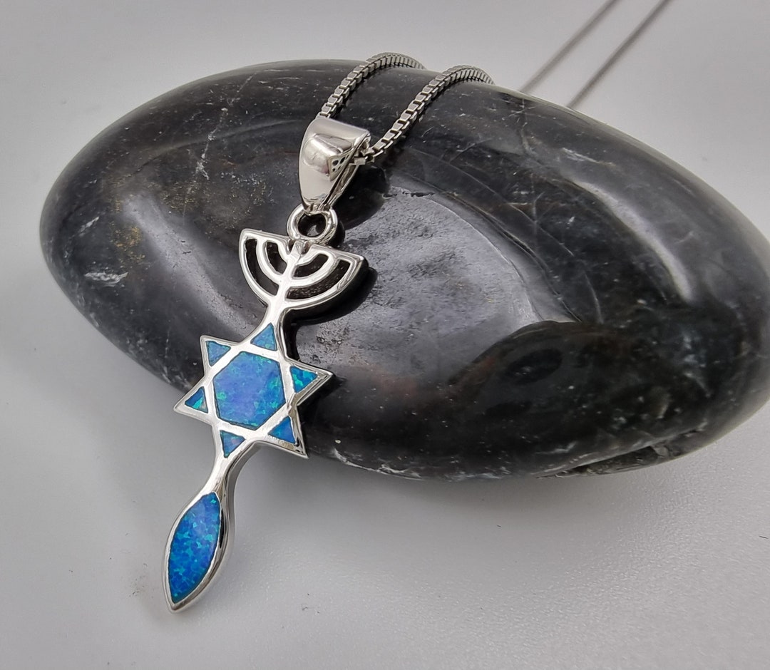 Magen Star Of David Fish Menorah Judaism Blue KeyChain Amulet Messianic