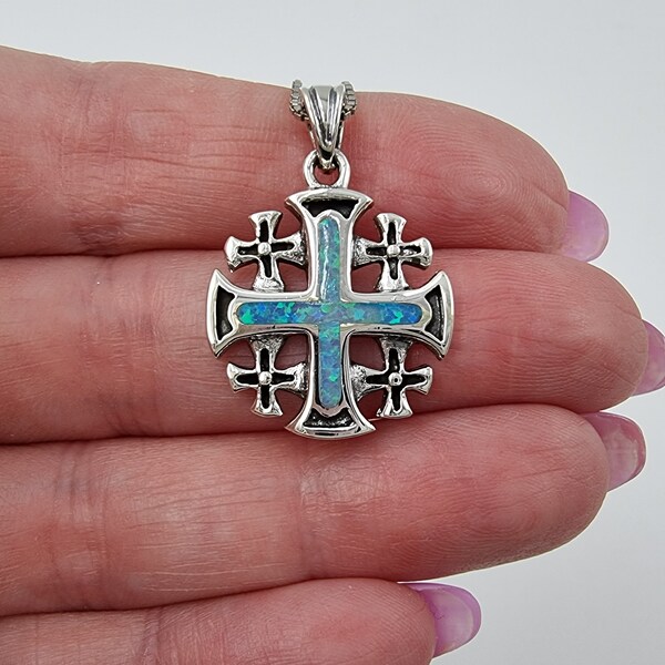 Blue Opal JERUSALEM CROSS Necklace 925 Sterling Silver Crusaders Pendant with Holy Land Certificate Religious Catholic Jewelry Gift