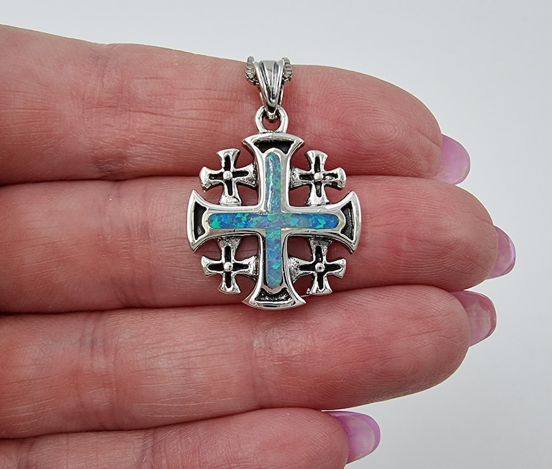 Blue Opal JERUSALEM CROSS Necklace 925 Sterling Silver Crusaders Pendant with Certificate Religious Catholic Jewelry Gift Silver Chain image 4