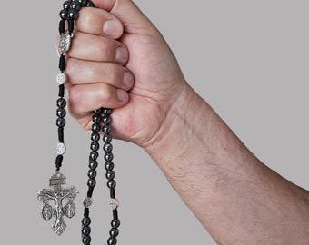 Rosario de hematita negra con crucifijo del perdón, cuentas de oración católicas