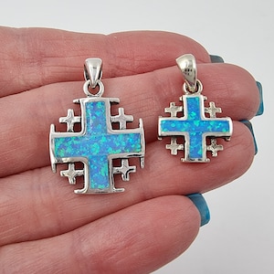 Collar con cruz de Jerusalén, cruz de ópalo azul, cruz de cinco pliegues, colgante de plata de ley 925, certificado de Tierra Santa, joyería religiosa para hombres y mujeres