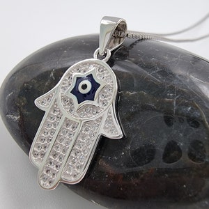 925 Sterling Silver Hamsa Necklace Blue Enamel Star of David Evil Eye Protection Chamsa Hand Pendant Good Luck Jewelry
