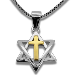 925 Sterling Silver Star of David with Gold Cross Messianic Necklace Judaic Roots Pendant Religious Israeli Jewelry