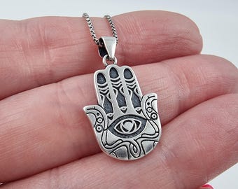 Sterling Silver Hamsa Necklace, Evil Eye Protection Pendant