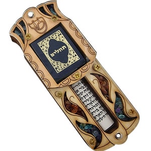 Jewish MEZUZAH CASE with Hebrew Scroll Tehillim Psalms Book Wood & Gemstones Judaica Home Protection Door Mezuza 4 inch Gift from Israel