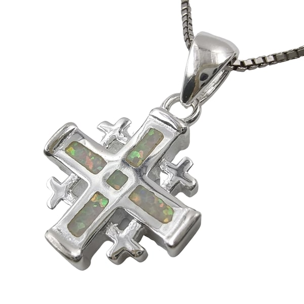 White Opal JERUSALEM CROSS Necklace 925 Sterling Silver Crusaders Pendant Holy Land Certificate Religious Catholic Jewelry Gift Silver Chain