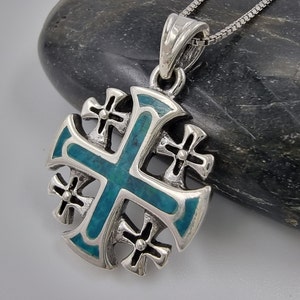 Green Malachite JERUSALEM CROSS Necklace 925 Sterling Silver Crusaders Pendant 18&quot; Chain Religious Catholic Jewelry Gift with Certificate