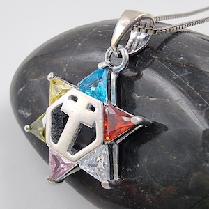 Multicolor Crystal Star of David with Cross Necklace 3D Sterling Silver Messianic Pendant Israel Protection Handmade Jewelry Gift Pouch