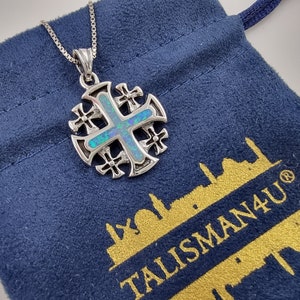Blue Opal JERUSALEM CROSS Necklace 925 Sterling Silver Crusaders Pendant with Certificate Religious Catholic Jewelry Gift Silver Chain image 5