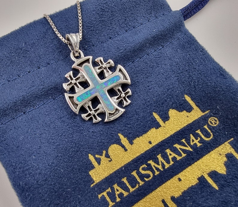 Blue Opal JERUSALEM CROSS Necklace 925 Sterling Silver Crusaders Pendant with Certificate Religious Catholic Jewelry Gift Silver Chain image 5