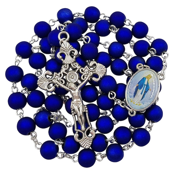 Royal Blue Beads Rosary Catholic Necklace Virgin Mary Miraculous Medal Centerpiece Jesus Cross Crucifix Christian Religious Gift Pouch