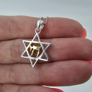 925 Sterling Silver Star of David Necklace Gold Hebrew Chai Pendant for Men Women 18&quot; Chain Magen David Israel Handmade Jewelry Gift Pouch