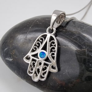 Collier Hamsa en filigrane, opale bleue, bijoux de protection contre le mauvais œil, pendentif main Chamsa en argent sterling 925, chaîne de 18 pouces, porte-bonheur