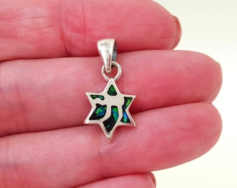 925 Sterling Silver Mini Star of David Necklace Two-Sided Blue Opal Chai Kabbalah Pendant with Chain