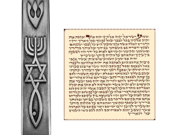 Pewter Messianic Mezuzah Case with Scroll for Door 3D Menorah Star of David Jerusalem Messianic Seal 9 cm / 3.5 Inch Home Protection Gift
