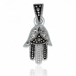 925 Sterling Silver Mini Hamsa Hand Pendant Evil Eye Necklace Black & White Cubic Zirconia Good Luck Charm