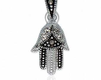 Sterling Silver Mini Hamsa Hand Pendant, Cubic Zirconia Evil Eye Charm